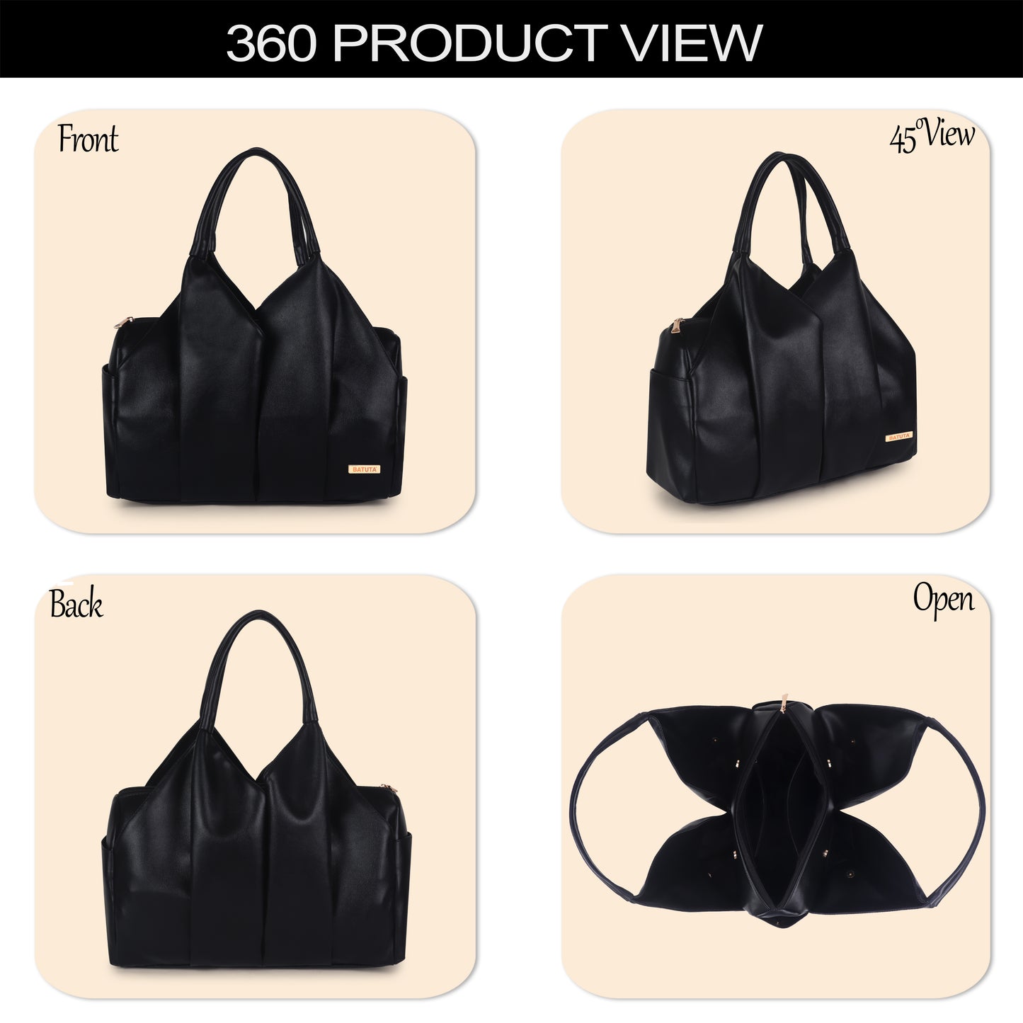 BATUTA Large Hobo Shoulder Bag, Multi-Compartment Ladies Handbag, Office and College Tote, Black/Brown/Beige