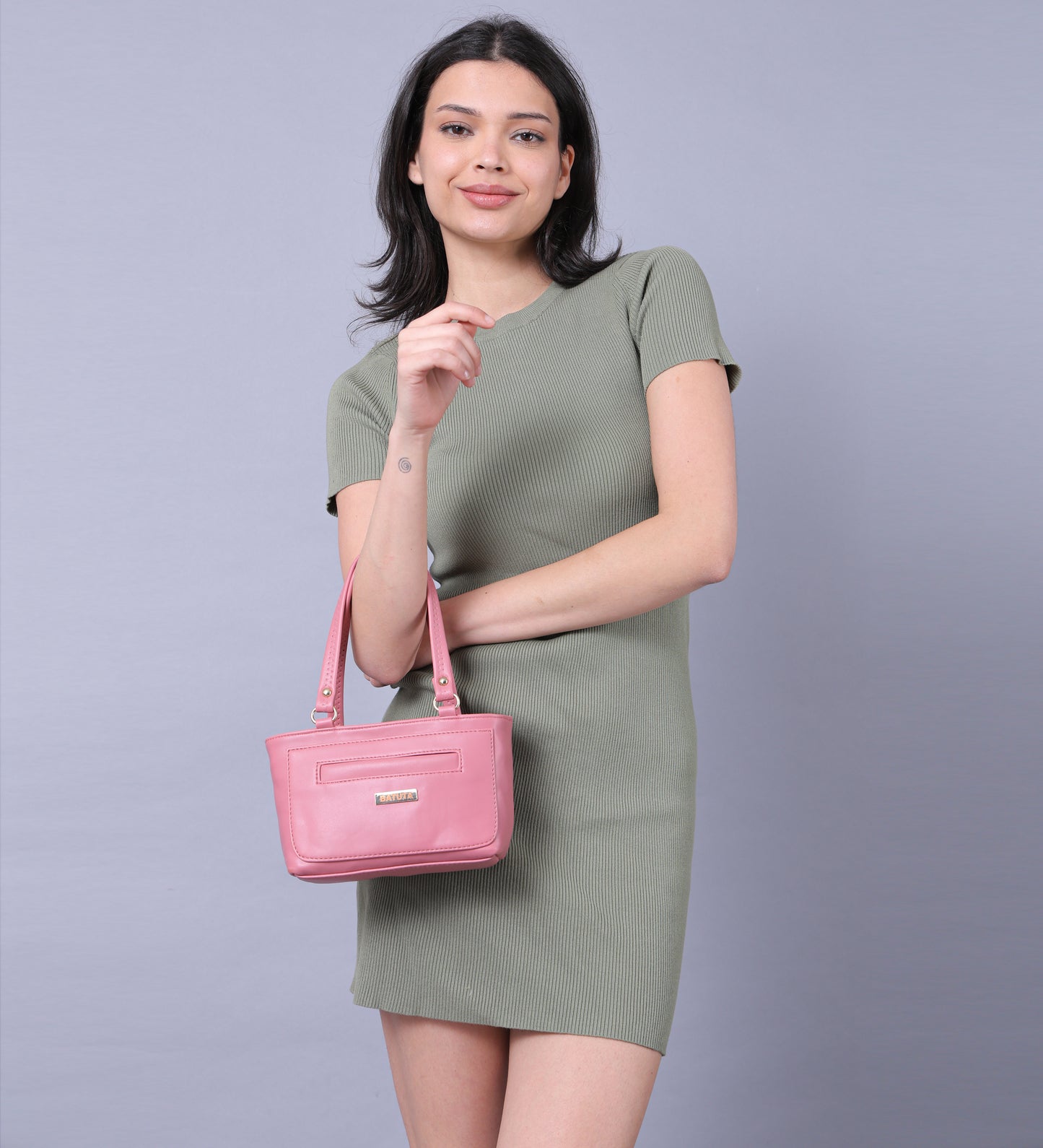 BATUTA - Women's PU Leather Small Handbag, Classic Tote Purse with Front Pocket, (Pink)