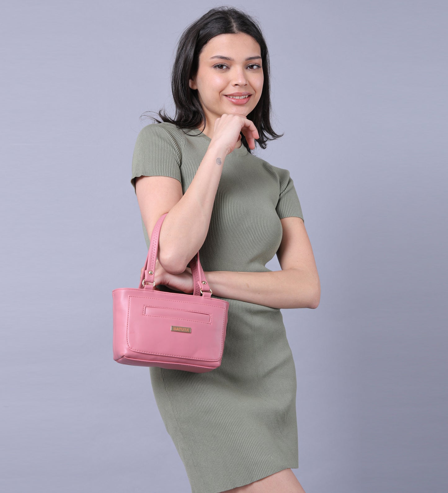 BATUTA - Women's PU Leather Small Handbag, Classic Tote Purse with Front Pocket, (Pink)