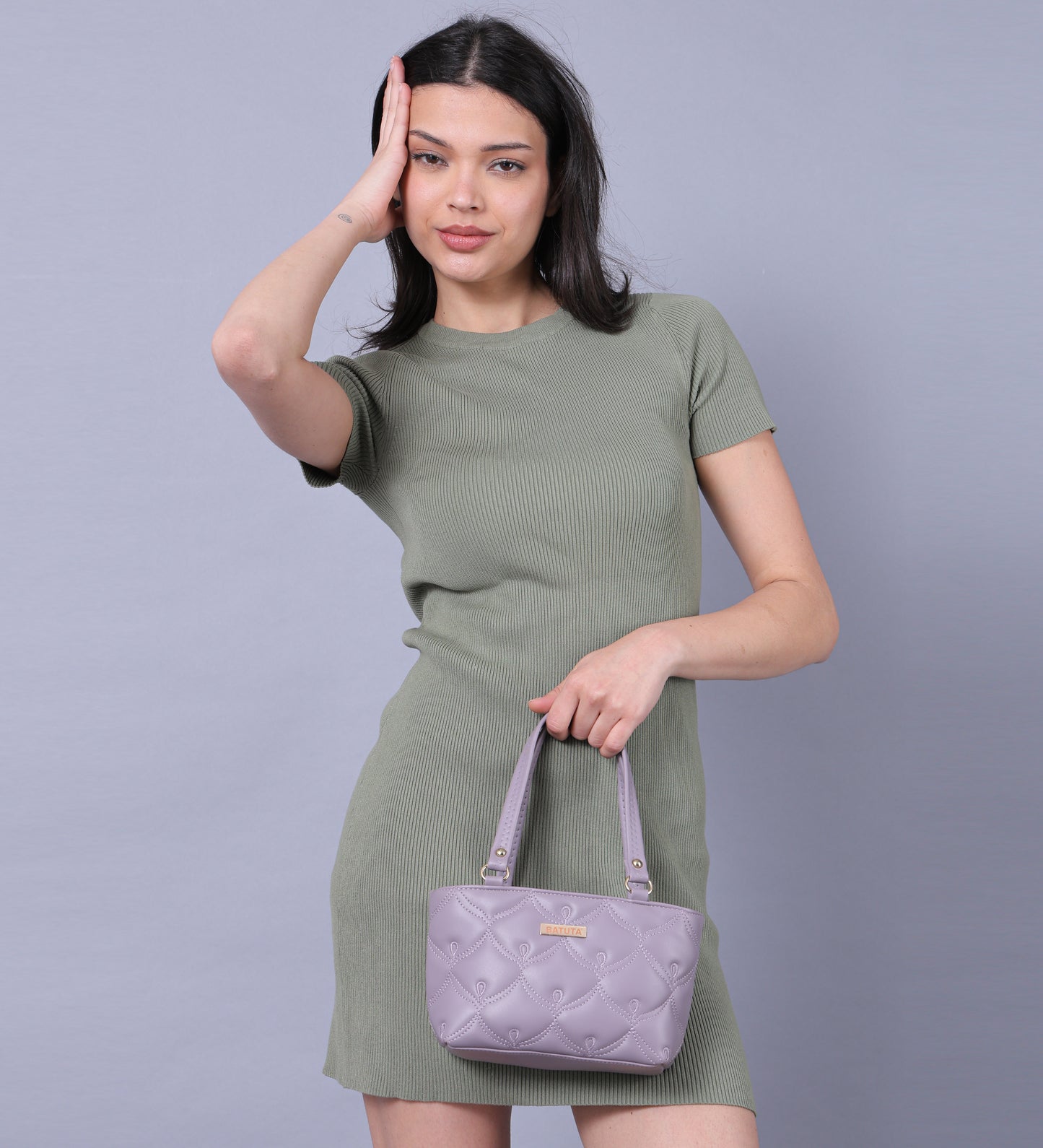 BATUTA - Women's Quilted Tote Small Handbag,  Leather, Plaid Pattern Design with Metal Accents