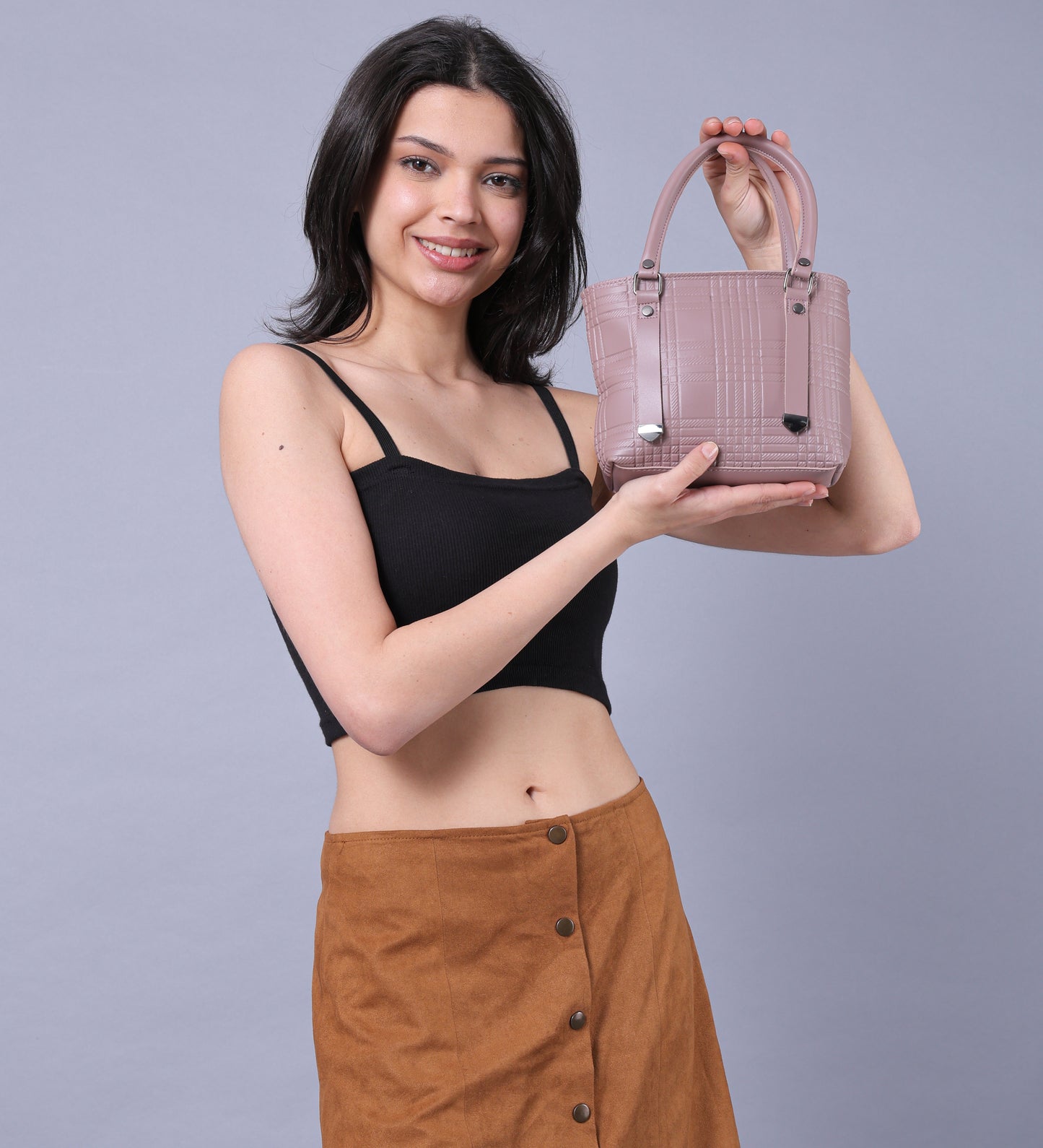 BATUTA - Ladies Quilted Tote Small Handbag, PU Leather, Decorative Stitching Pattern