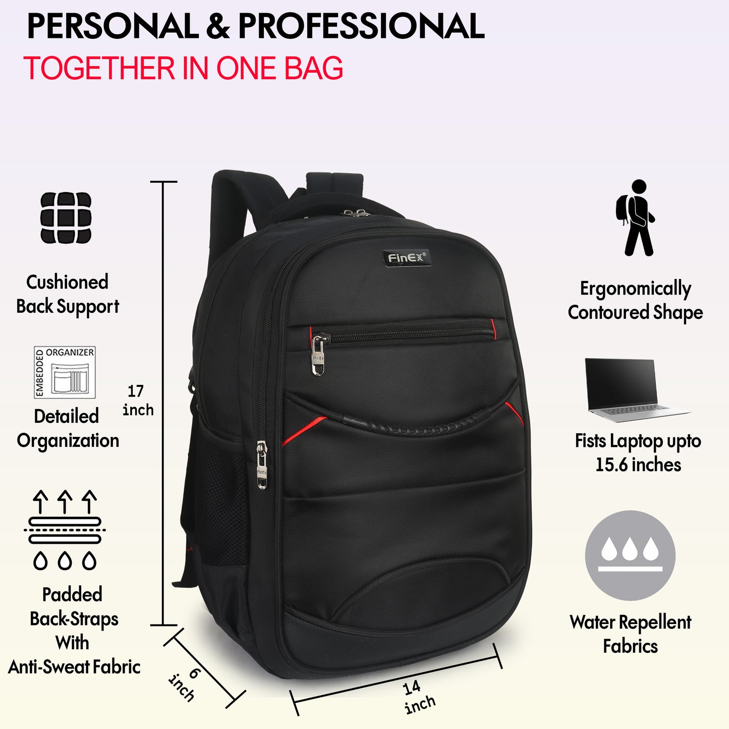 Travel Laptop Backpack, Multi-Compartment Design with Red Accents, Black