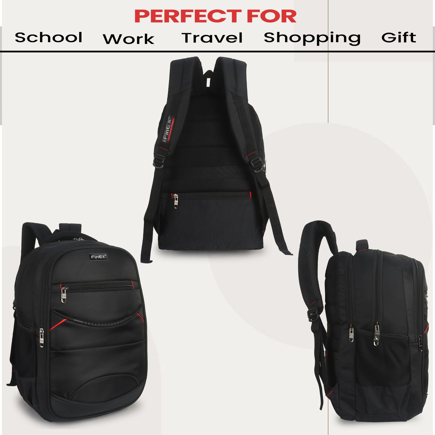 Travel Laptop Backpack, Multi-Compartment Design with Red Accents, Black