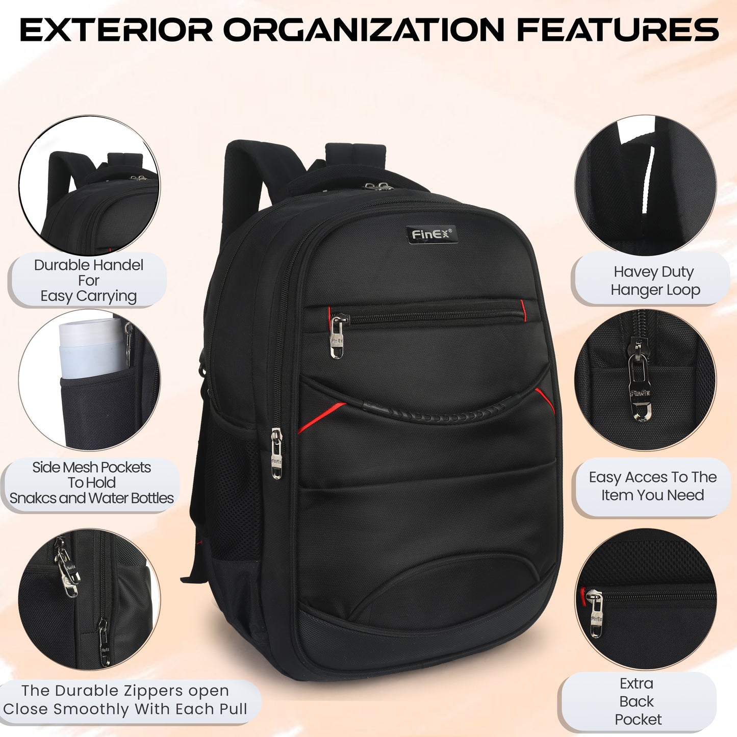 Travel Laptop Backpack, Multi-Compartment Design with Red Accents, Black