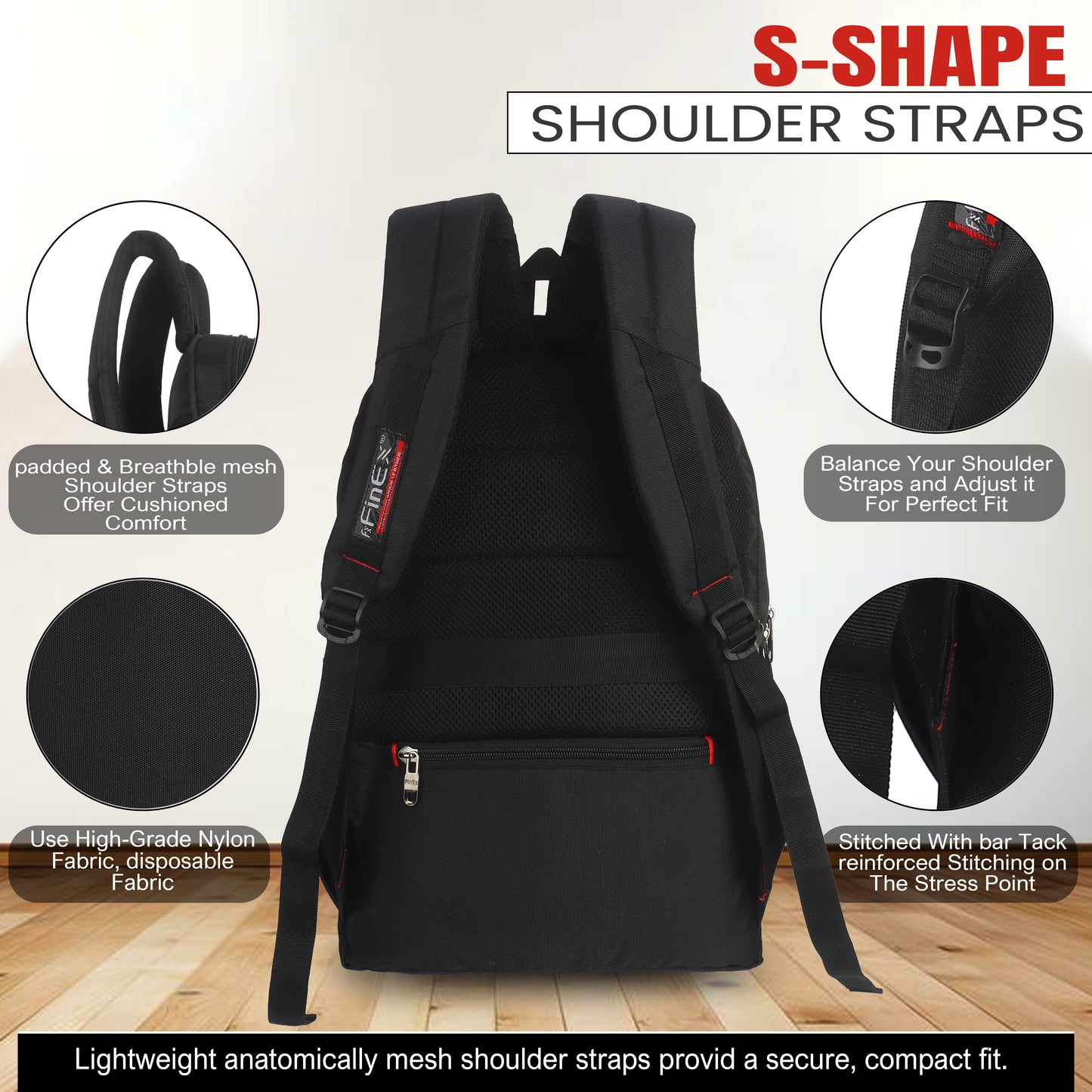 Travel Laptop Backpack, Multi-Compartment Design with Red Accents, Black