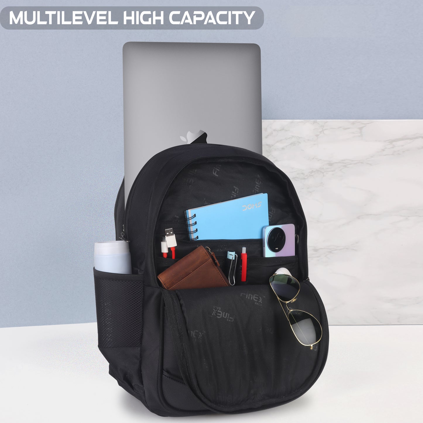 Travel Laptop Backpack, Multi-Compartment Design with Red Accents, Black