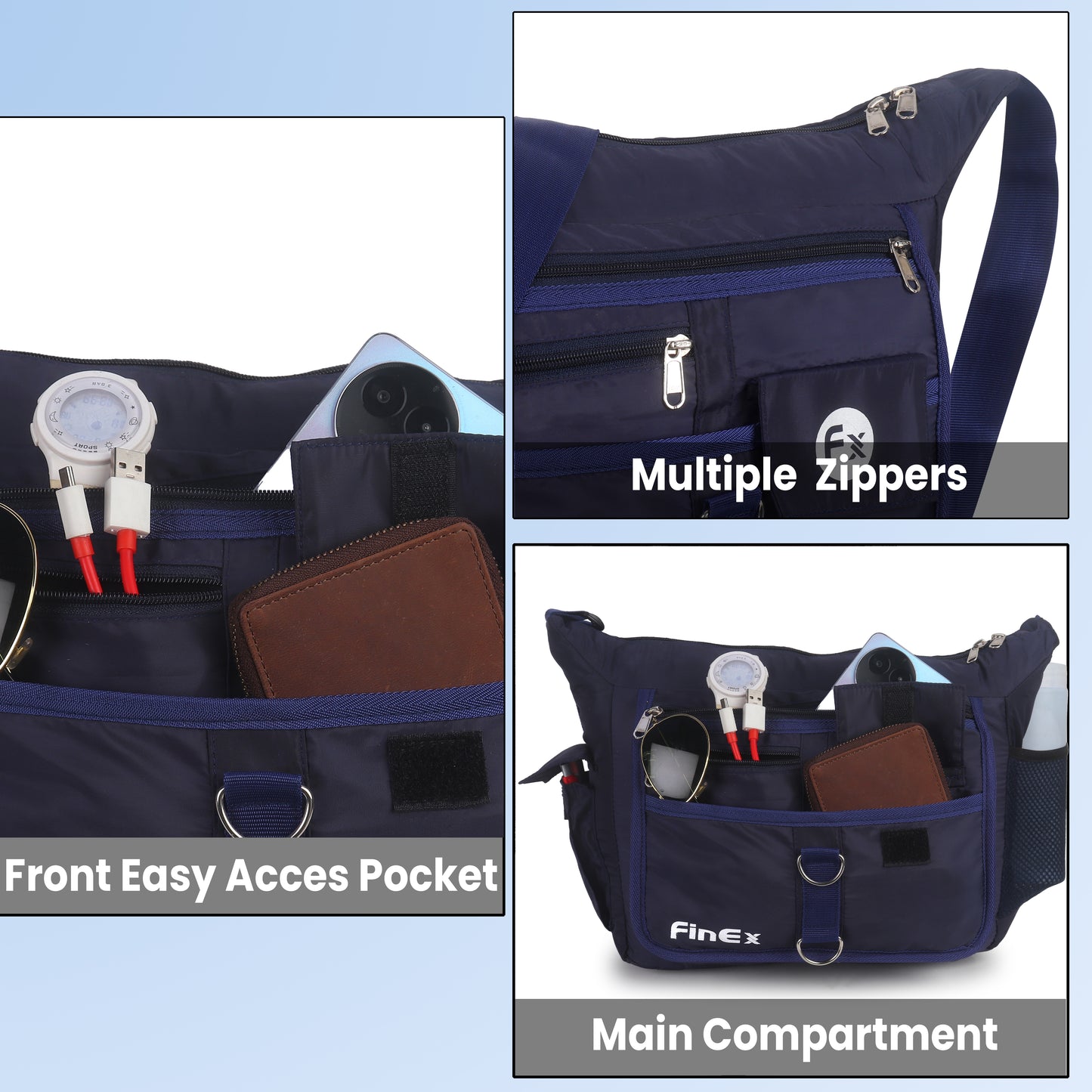 Cross body Sling Bag, Black, Multiple Pockets, Adjustable Shoulder Strap