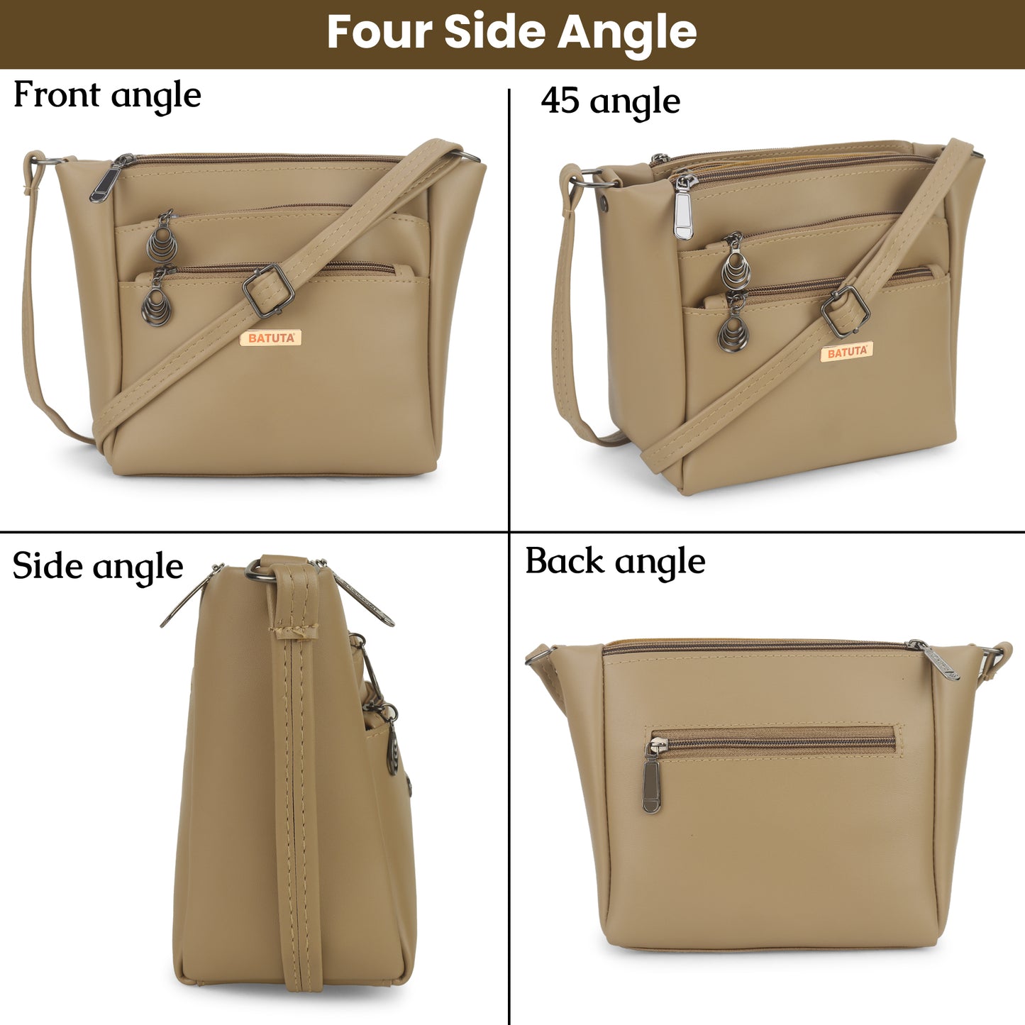 BATUTA Women's Multi-Zipper Sling Bag, PU Leather Crossbody Purse,