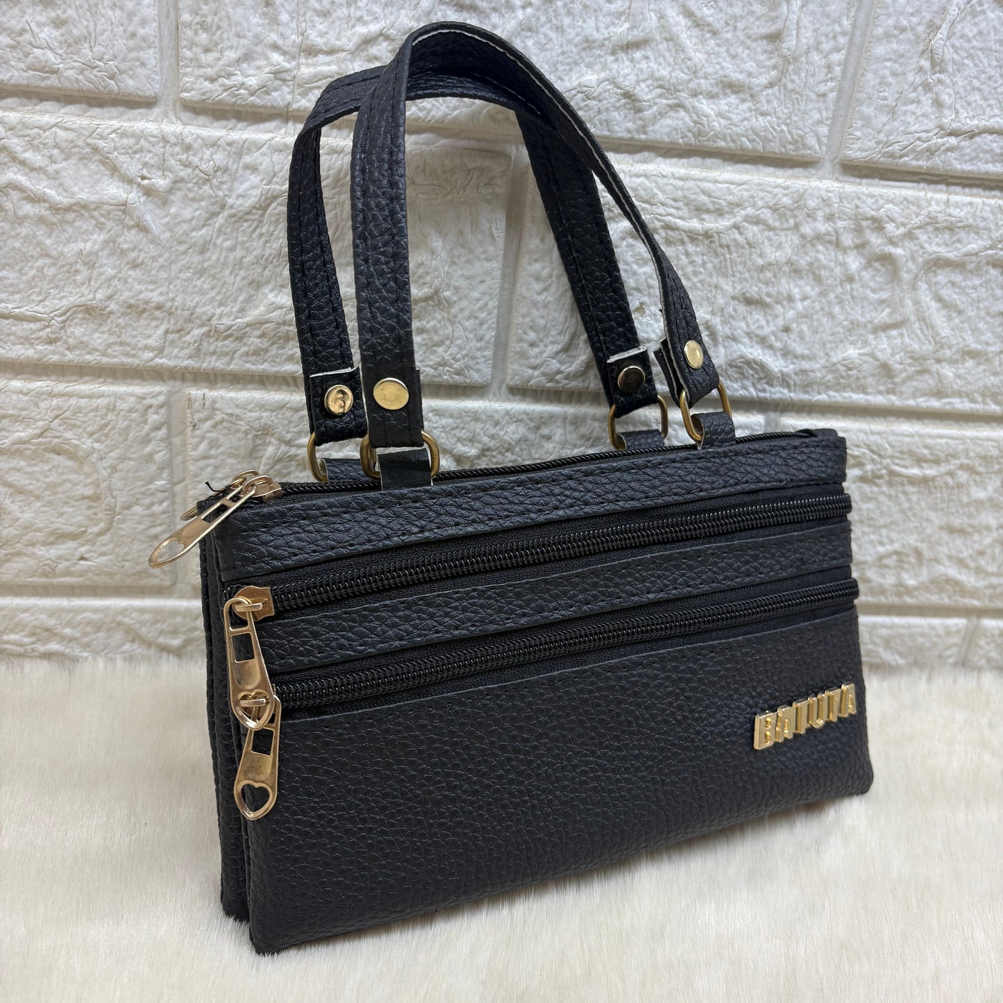 BATUTA HUB Women's Classic PU Leather Handbag, Multiple Zippered Compartments, Double Handle Bag, (Black)