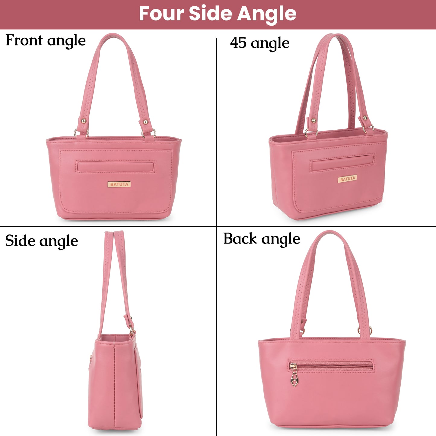 BATUTA - Women's PU Leather Small Handbag, Classic Tote Purse with Front Pocket, (Pink)