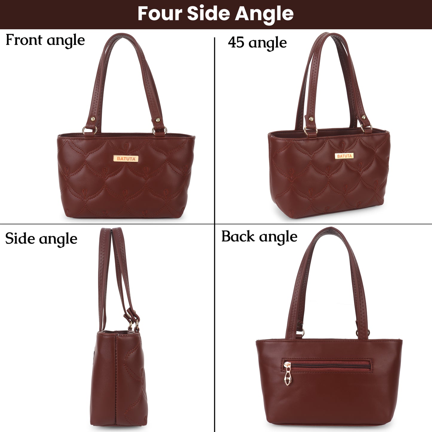 BATUTA - Women's Quilted Tote Small Handbag,  Leather, Plaid Pattern Design with Metal Accents