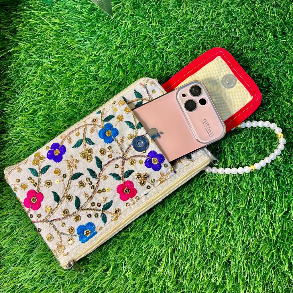 Jaipuri Embroidered Handicraft Traditional Ethnic Rajasthani - Clutch Silk Saree Mobile Pouch Waist Clip Ladies Phone Purse for Gift Mobile Bag / Mobile Hanging pouch / Potli Bag for Ladies / Bridal Pouch / Stone Purse For Wedding /