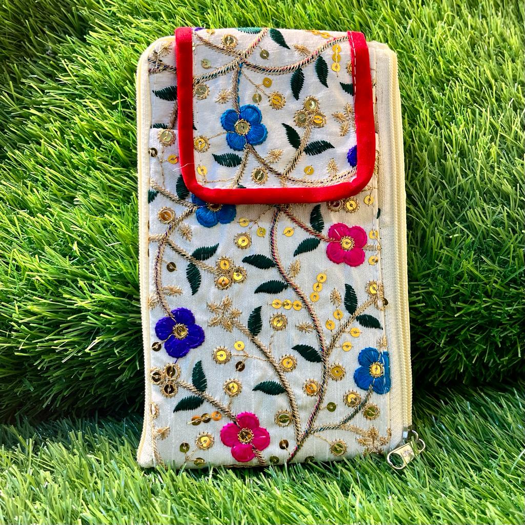 Jaipuri Embroidered Handicraft Traditional Ethnic Rajasthani - Clutch Silk Saree Mobile Pouch Waist Clip Ladies Phone Purse for Gift Mobile Bag / Mobile Hanging pouch / Potli Bag for Ladies / Bridal Pouch / Stone Purse For Wedding /