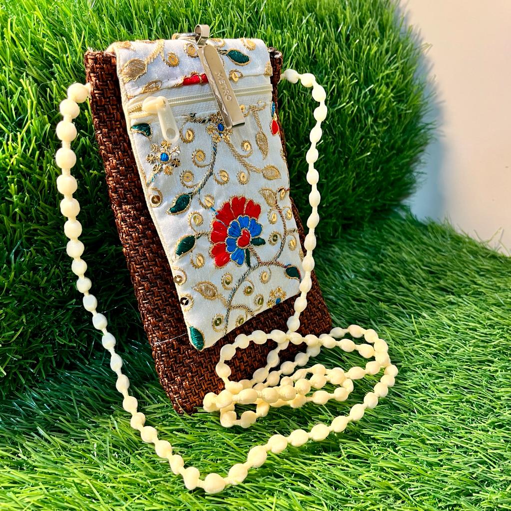 BATUTA - Jaipuri Embroidered Handicraft Traditional Ethnic Rajasthani - Clutch Silk Saree Mobile Pouch Waist Clip Ladies Phone Purse for Gift Mobile Bag / Mobile Hanging pouch / Potli Bag for Ladies / Bridal Pouch / Stone Purse For Wedding /