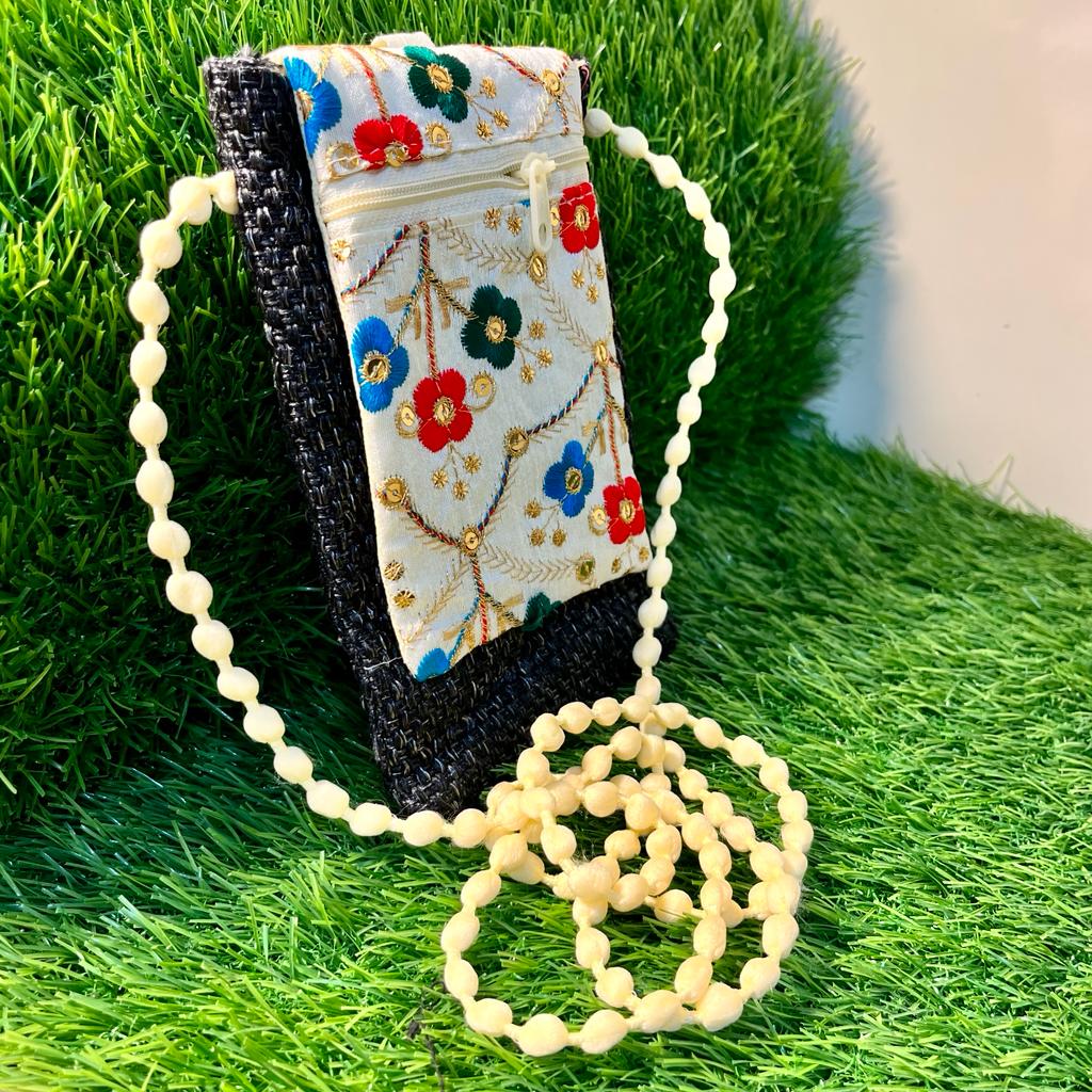 BATUTA - Jaipuri Embroidered Handicraft Traditional Ethnic Rajasthani - Clutch Silk Saree Mobile Pouch Waist Clip Ladies Phone Purse for Gift Mobile Bag / Mobile Hanging pouch / Potli Bag for Ladies / Bridal Pouch / Stone Purse For Wedding /