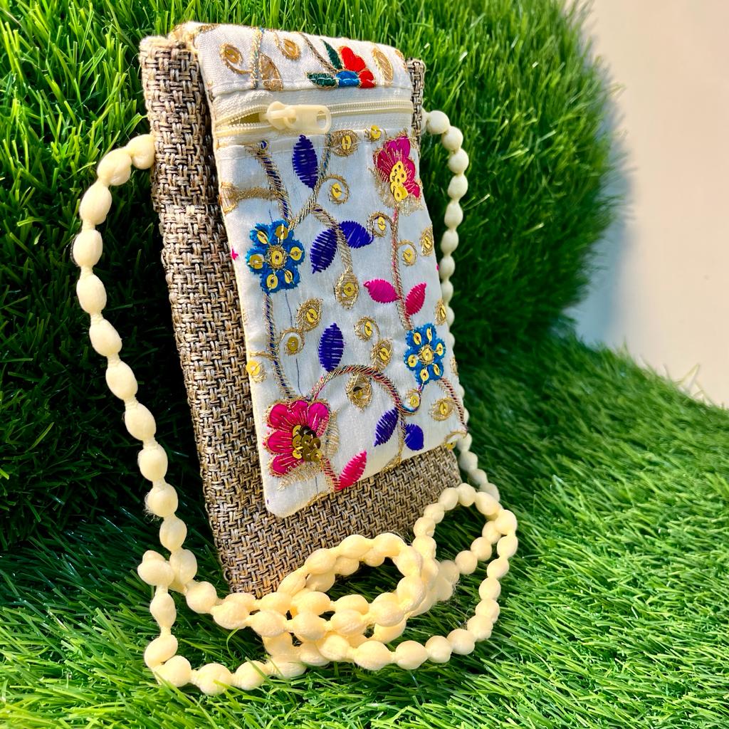 BATUTA - Jaipuri Embroidered Handicraft Traditional Ethnic Rajasthani - Clutch Silk Saree Mobile Pouch Waist Clip Ladies Phone Purse for Gift Mobile Bag / Mobile Hanging pouch / Potli Bag for Ladies / Bridal Pouch / Stone Purse For Wedding /
