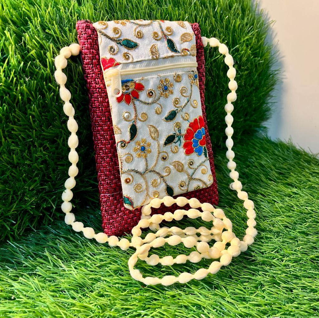 BATUTA - Jaipuri Embroidered Handicraft Traditional Ethnic Rajasthani - Clutch Silk Saree Mobile Pouch Waist Clip Ladies Phone Purse for Gift Mobile Bag / Mobile Hanging pouch / Potli Bag for Ladies / Bridal Pouch / Stone Purse For Wedding /