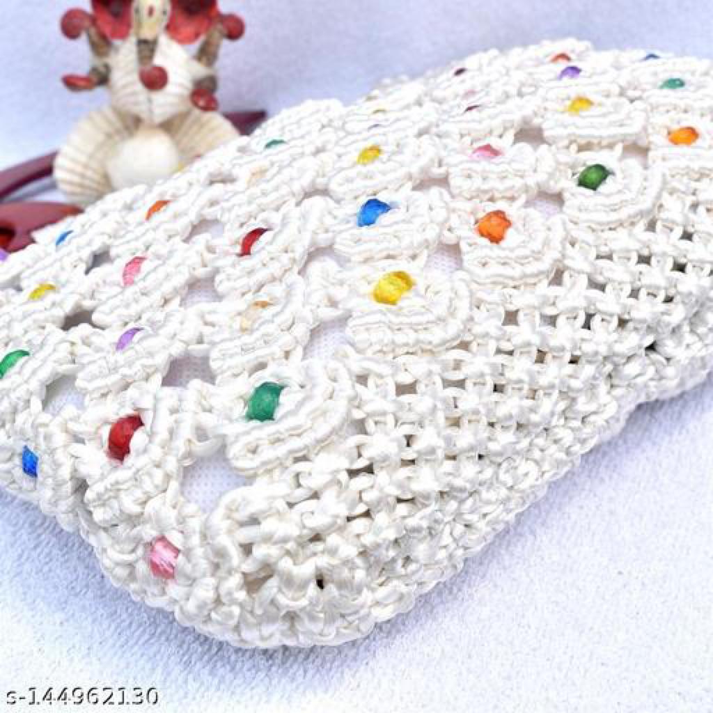 Glossy Cream White Handmade Macrame Women Handbag