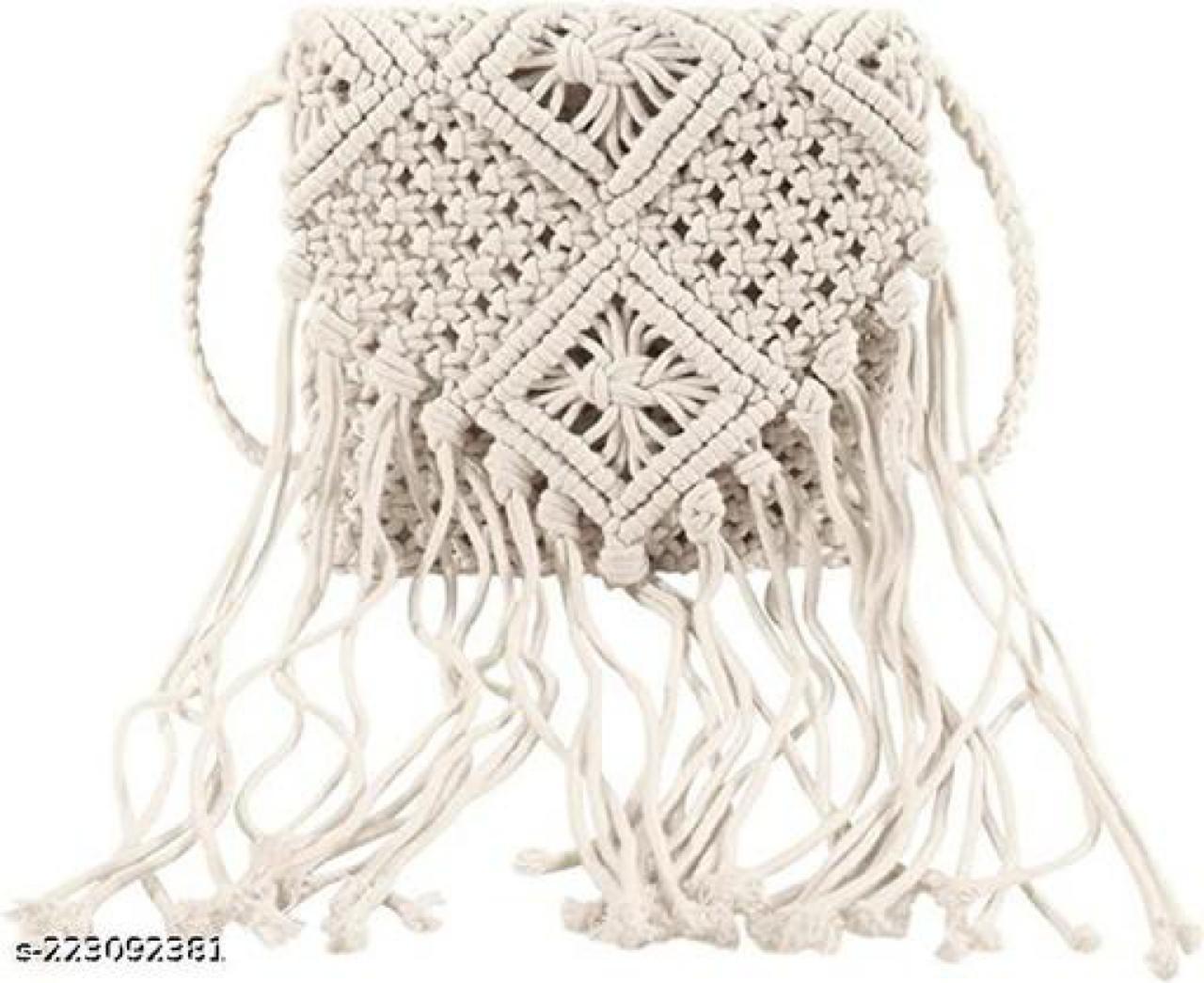 Crochet Tassel Handbag Straw Envelope Clutch Bag Cotton Hobo Hand-Wristlet Bag with Zipper