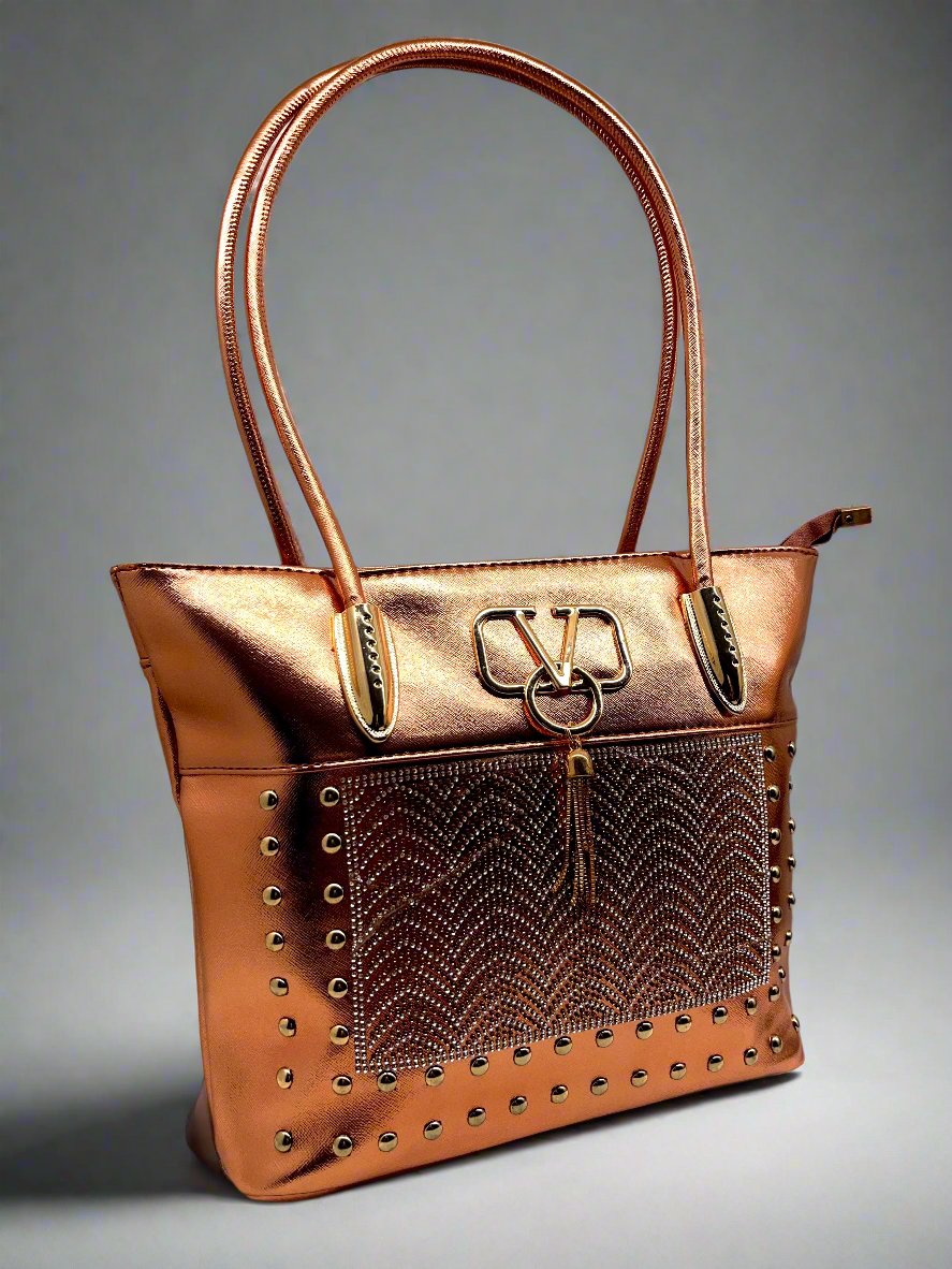 Classy Look Design Shoulder Handle Women Handbag Golden