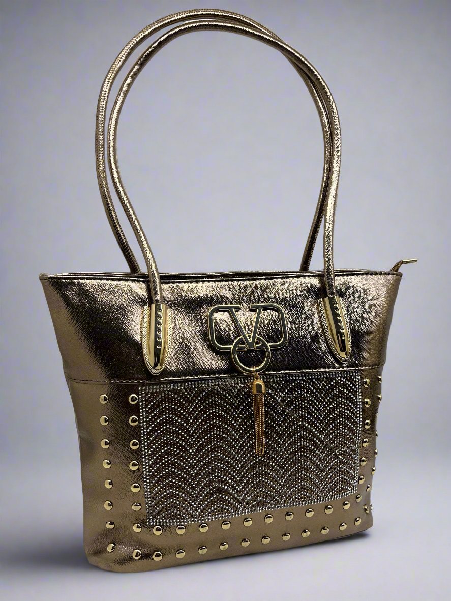 Classy Look Design Shoulder Handle Women Handbag Golden