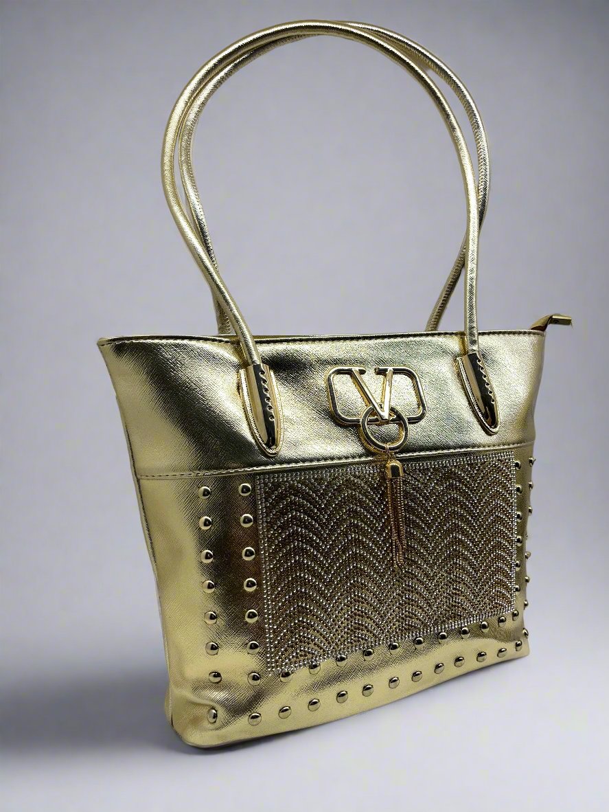Classy Look Design Shoulder Handle Women Handbag Golden