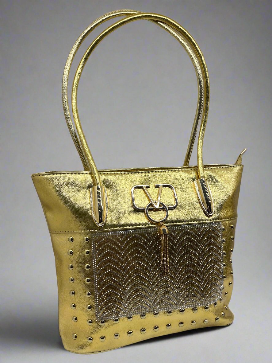 Classy Look Design Shoulder Handle Women Handbag Golden