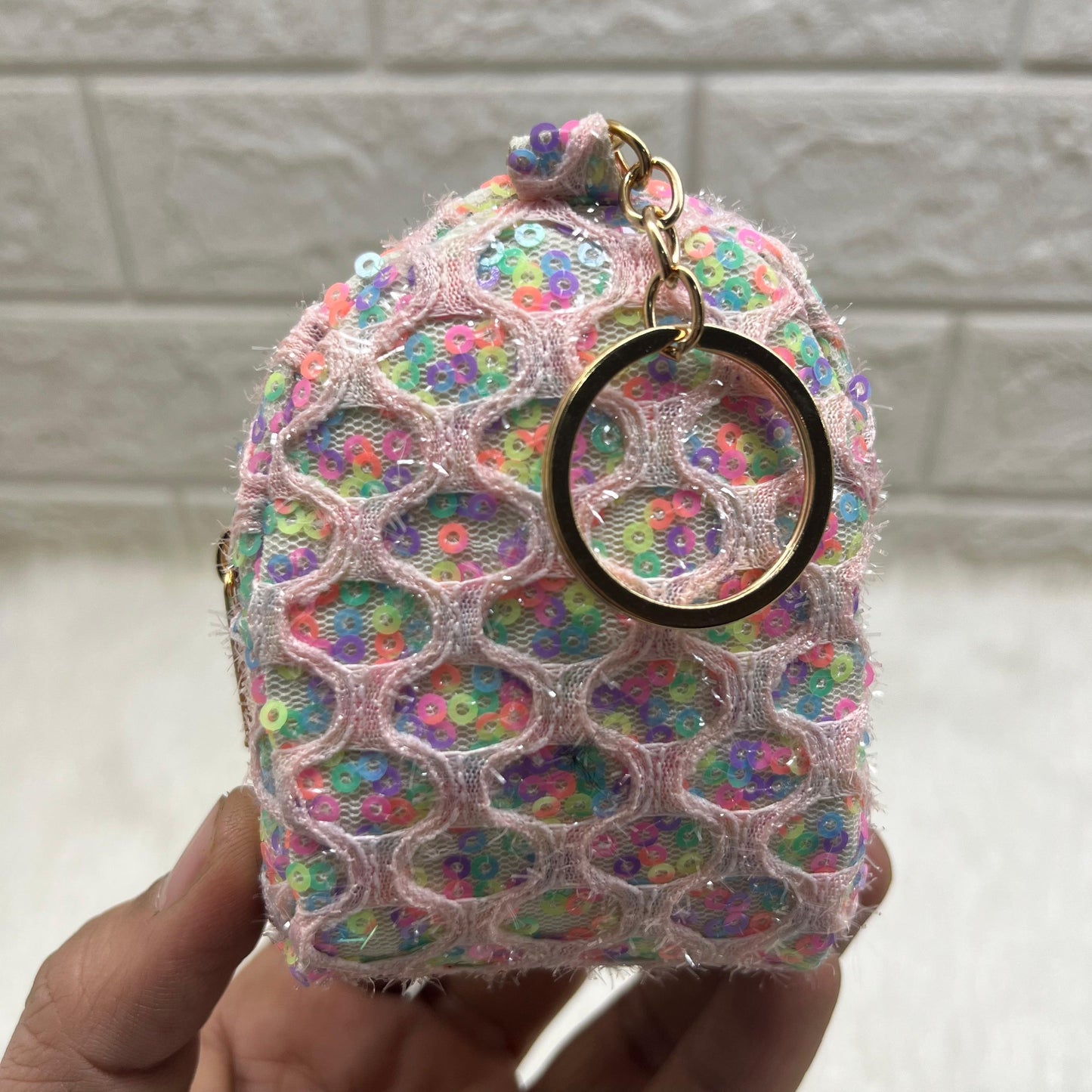 Girls Embroidery Zipper Mini Reversible Sequin Purse Key chain Pouch Bag (Multicolour, 8 x 7 x 4 cm)quin Purse Key chain Pouch Bag