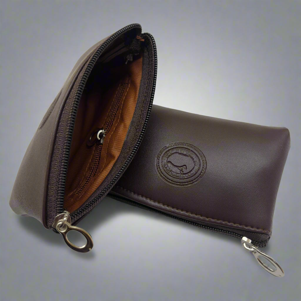 Brown leather wallet with a zipper on a white background