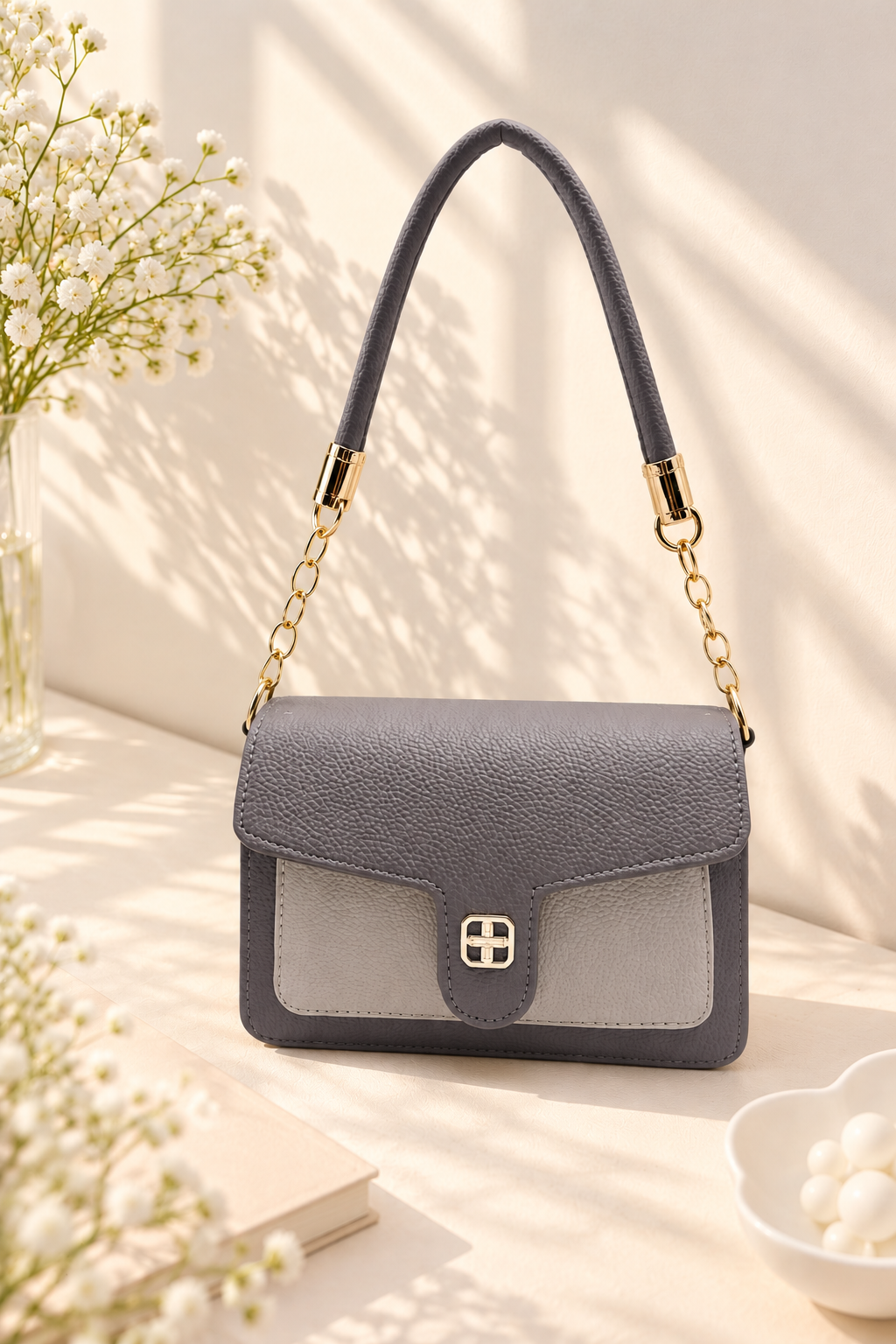 BATUTA Women's Premium Textured Shoulder Bag with Gold Chain Strap, Elegant Dual-Tone Handbag for Party, Office & Daily Use