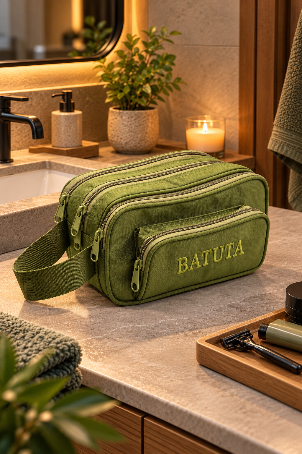 BATUTA Green Multi-Compartment Zipper Pouch Bag for Men, Travel Organizer and Utility Bag