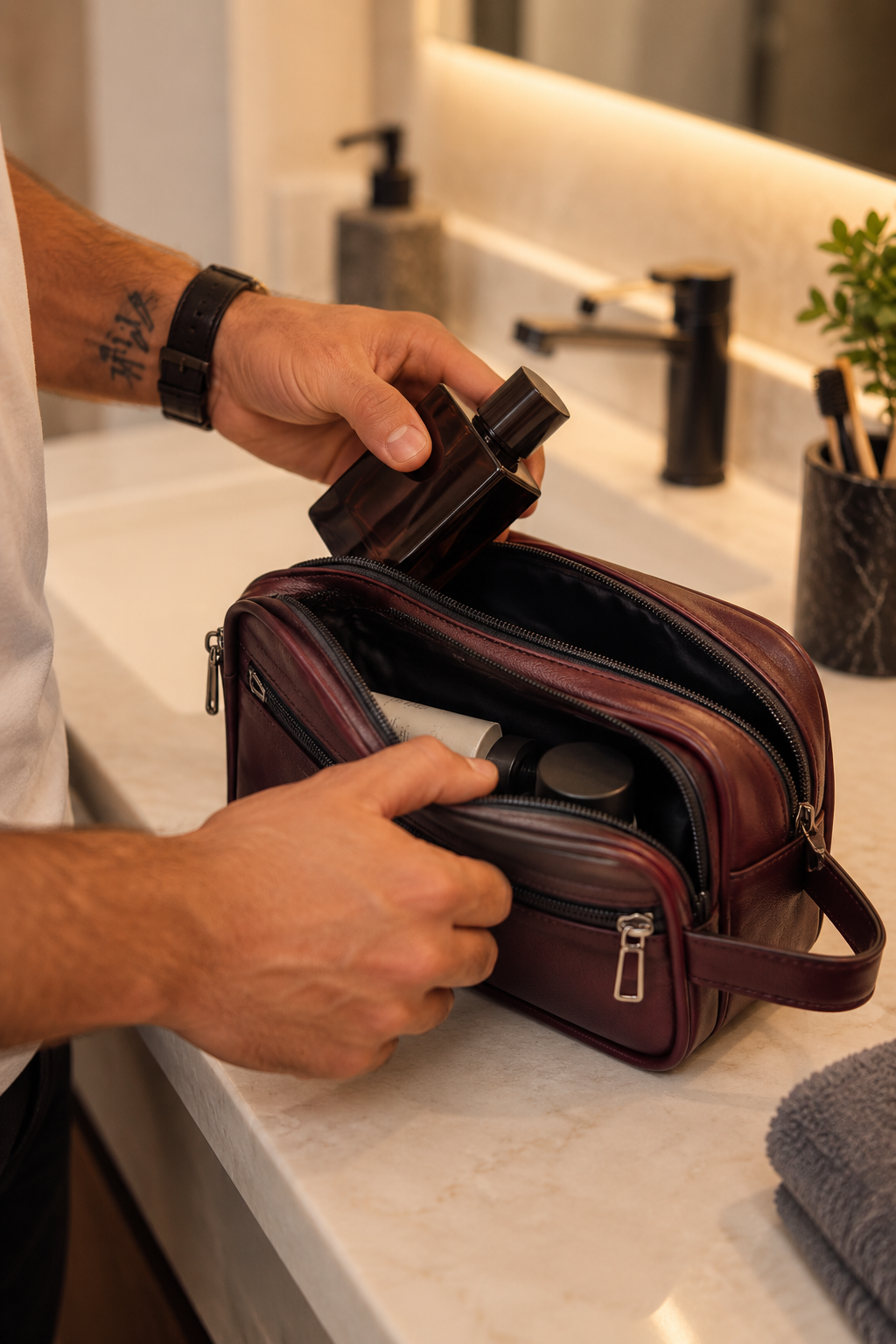 BATUTA Premium Faux Leather Toiletry & Travel Pouch for Men | Multi-Compartment Hand Carry Bag with Double Zipper | Compact Organizer for Grooming Essentials, Accessories & Daily Use