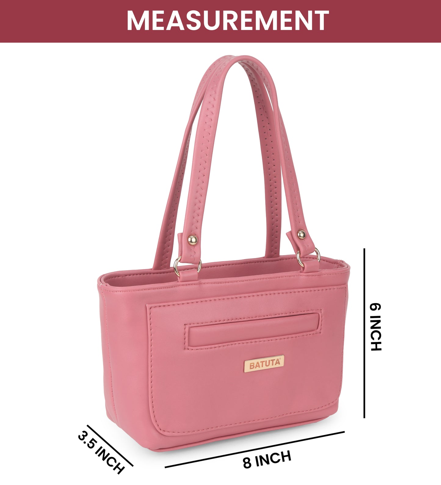 BATUTA - Women's PU Leather Small Handbag, Classic Tote Purse with Front Pocket, (Pink)