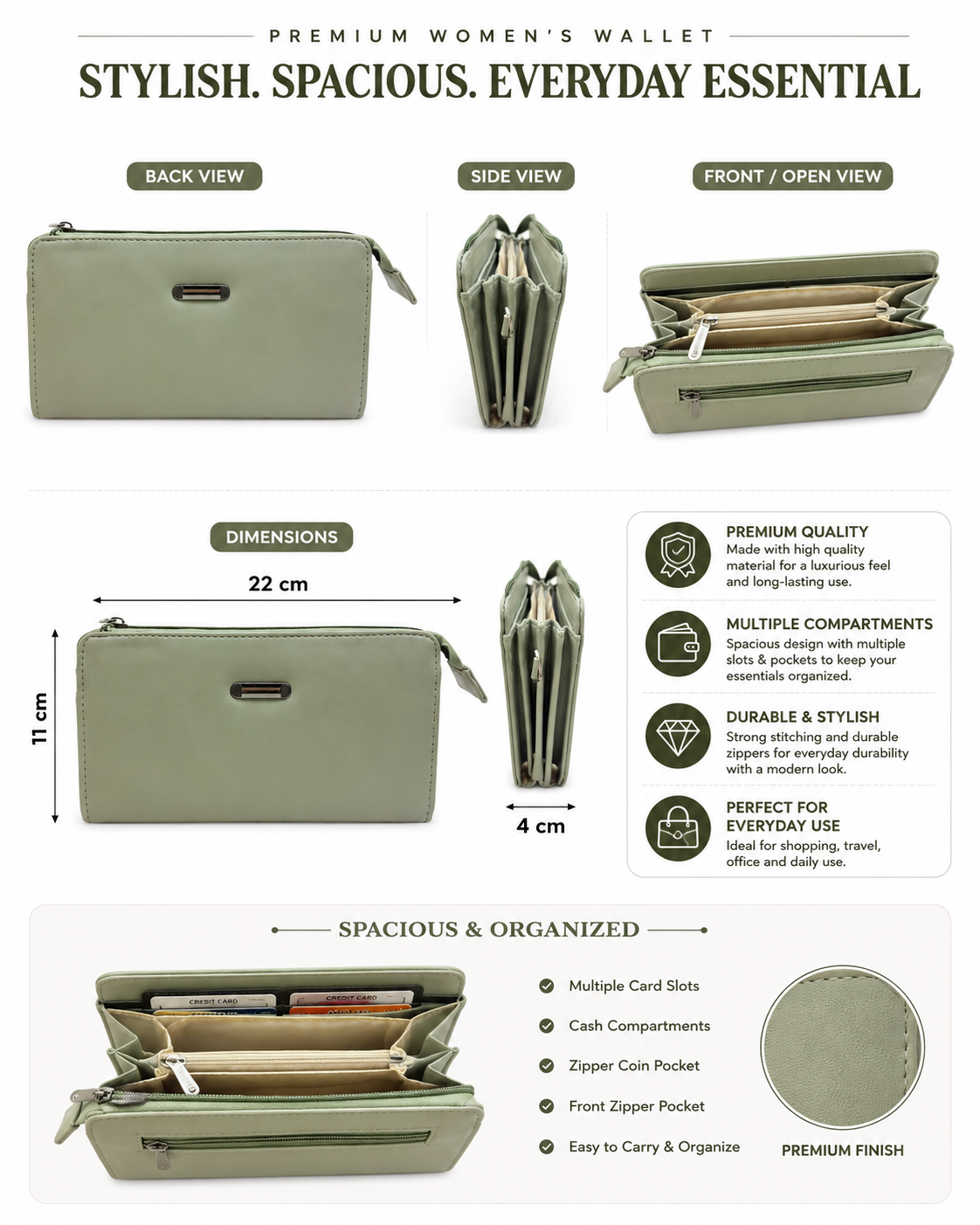 BATUTA Women’s Zip Around Clutch Wallet | PU Leather Ladies Wallet | Multi Compartment Purse with Card Slots, Cash Sections, Coin Pocket & Wrist Strap