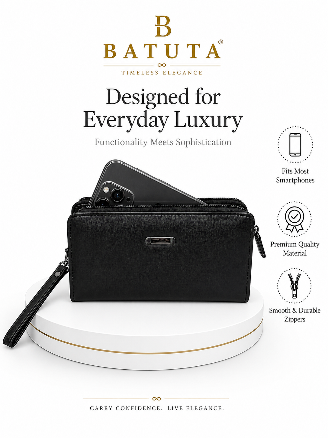 BATUTA Women’s Zip Around Clutch Wallet | PU Leather Ladies Wallet | Multi Compartment Purse with Card Slots, Cash Sections, Coin Pocket & Wrist Strap