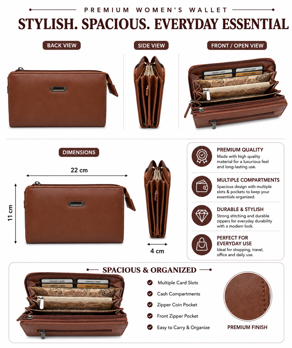 BATUTA Women’s Zip Around Clutch Wallet | PU Leather Ladies Wallet | Multi Compartment Purse with Card Slots, Cash Sections, Coin Pocket & Wrist Strap