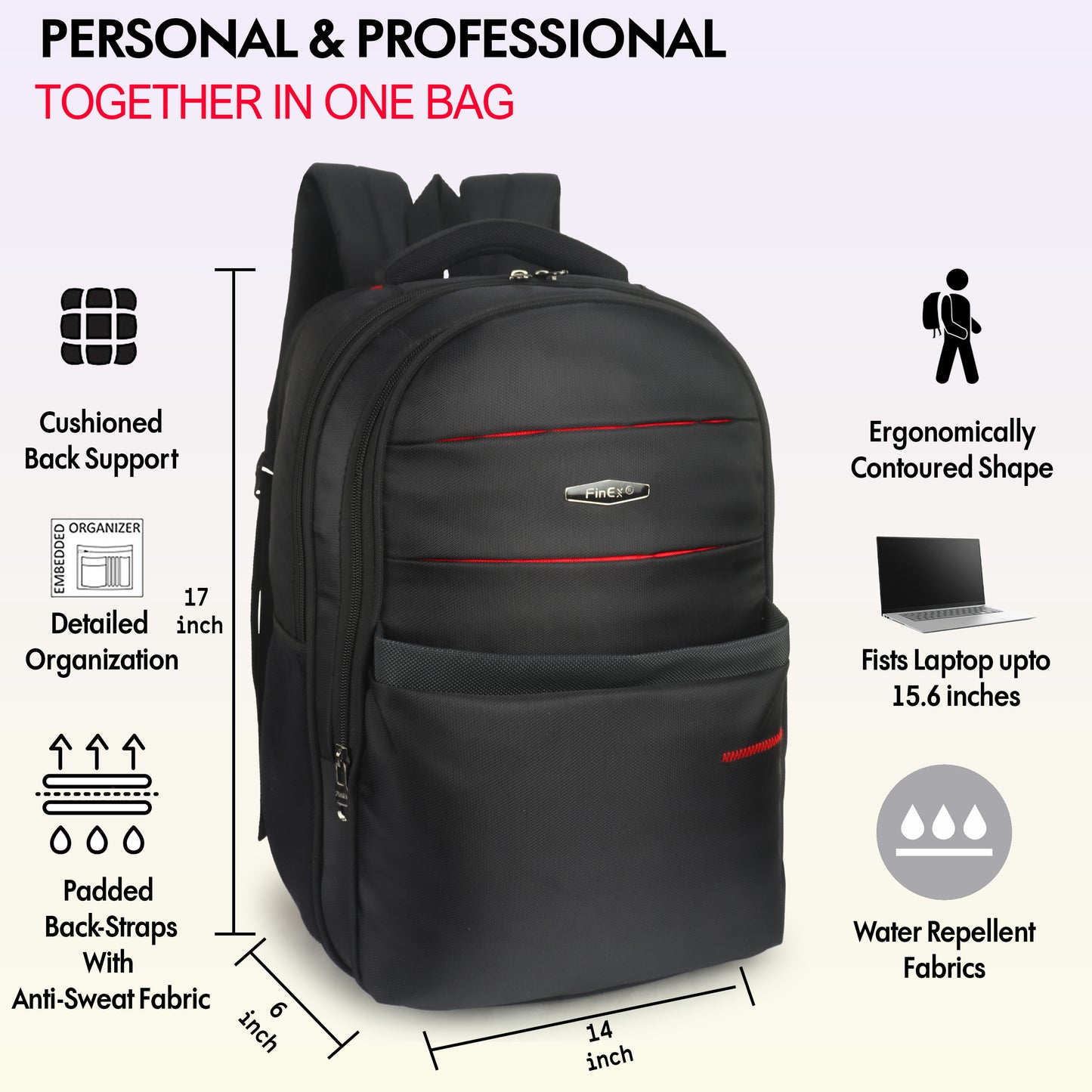 Travel Laptop Backpack, Multi-Compartment Design with Red Accents, Black