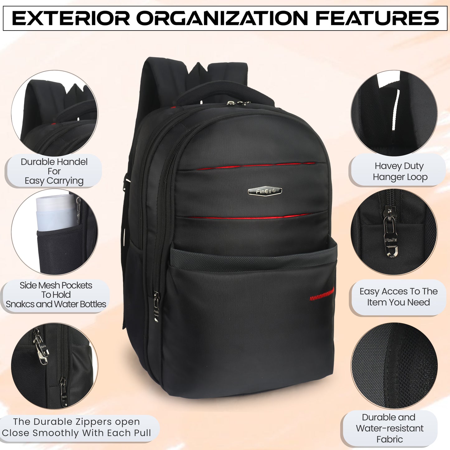 Travel Laptop Backpack, Multi-Compartment Design with Red Accents, Black