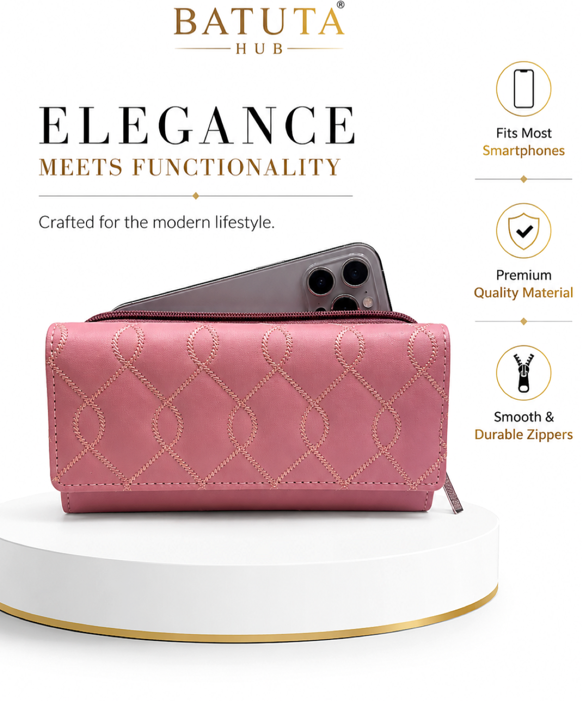 BATUTA Women’s Long Wallet | PU Leather Clutch Wallet for Women | 2 Zip | Multiple Card Slots | Cash & Mobile Holder