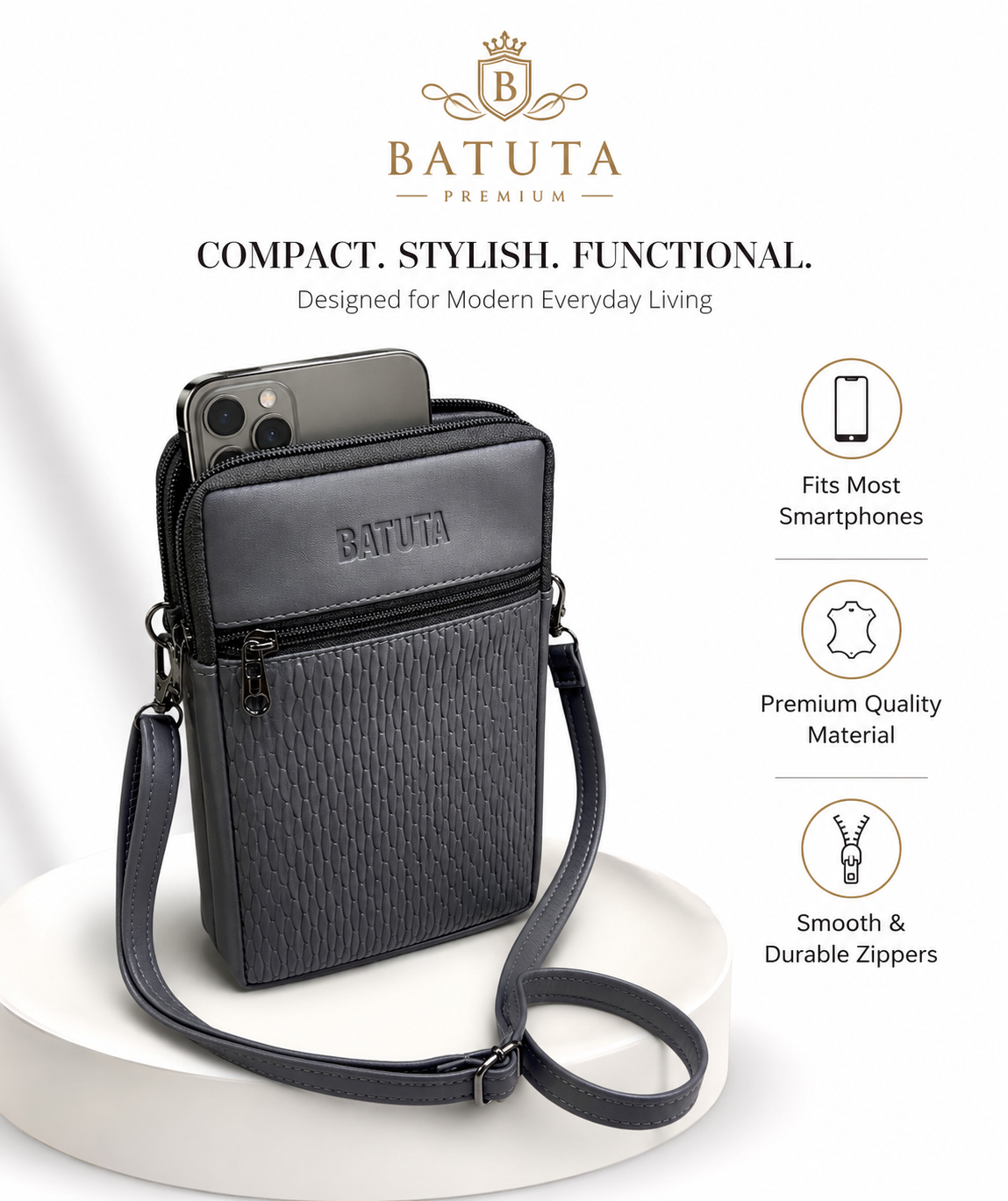 BATUTA HUB Women Crossbody Sling Bag | Premium PU Leather Small Size Bag for Girls & Ladies | Adjustable Strap | Multiple Zipper Pockets | Lightweight Daily Use Purse