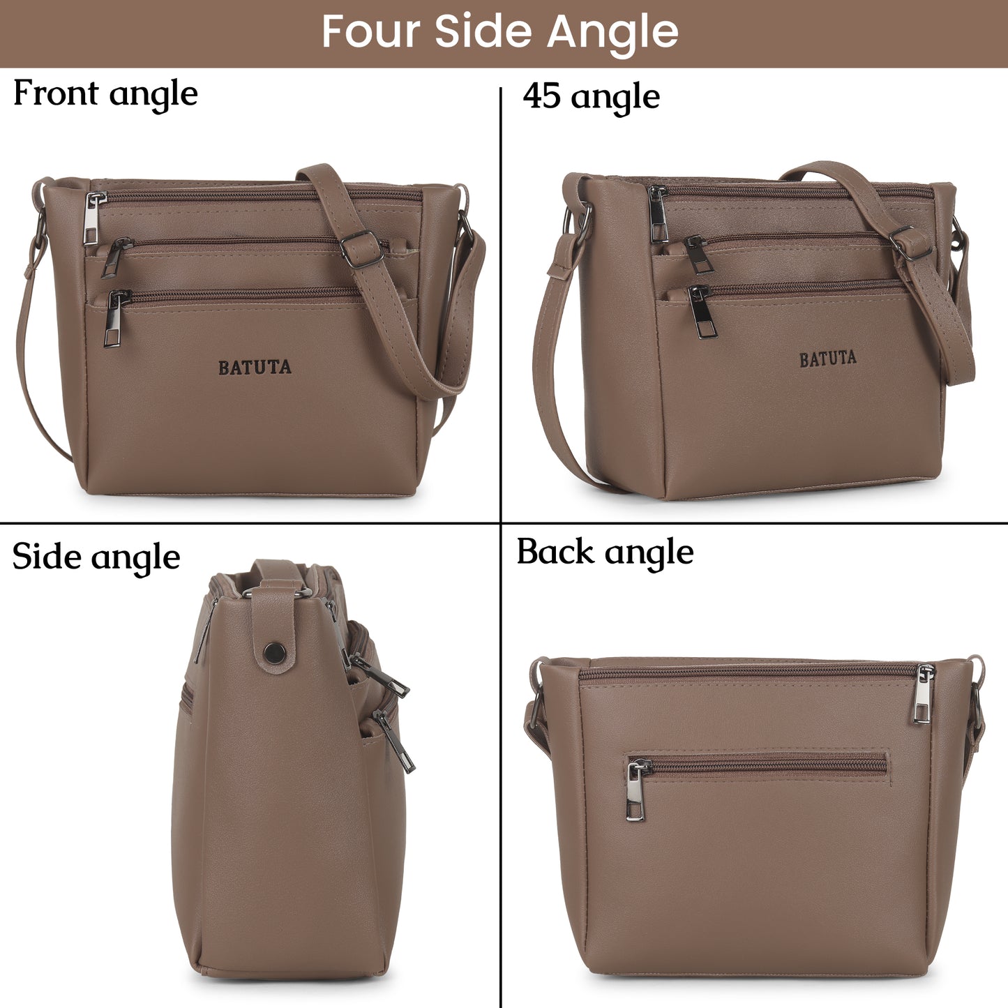 BATUTA - Women's Multi-Zipper Sling Bag, PU Leather Crossbody Purse