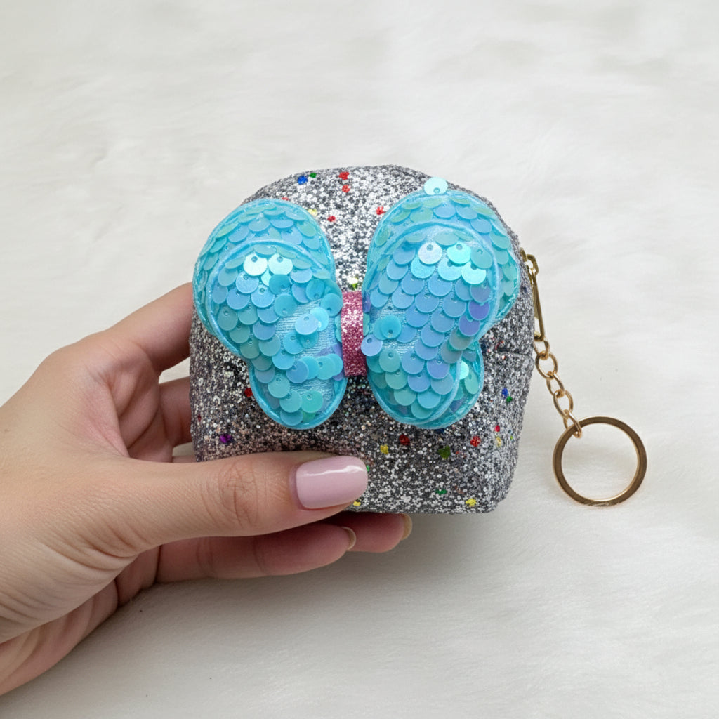 BATUTA - Girls Embroidery Zipper Mini Reversible Sequin Purse Keychain Pouch Bag (Multicolour, 10 x 7 x 5cm)