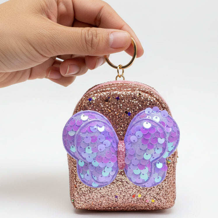 BATUTA - Girls Embroidery Zipper Mini Reversible Sequin Purse Keychain Pouch Bag (Multicolour, 10 x 7 x 5cm)