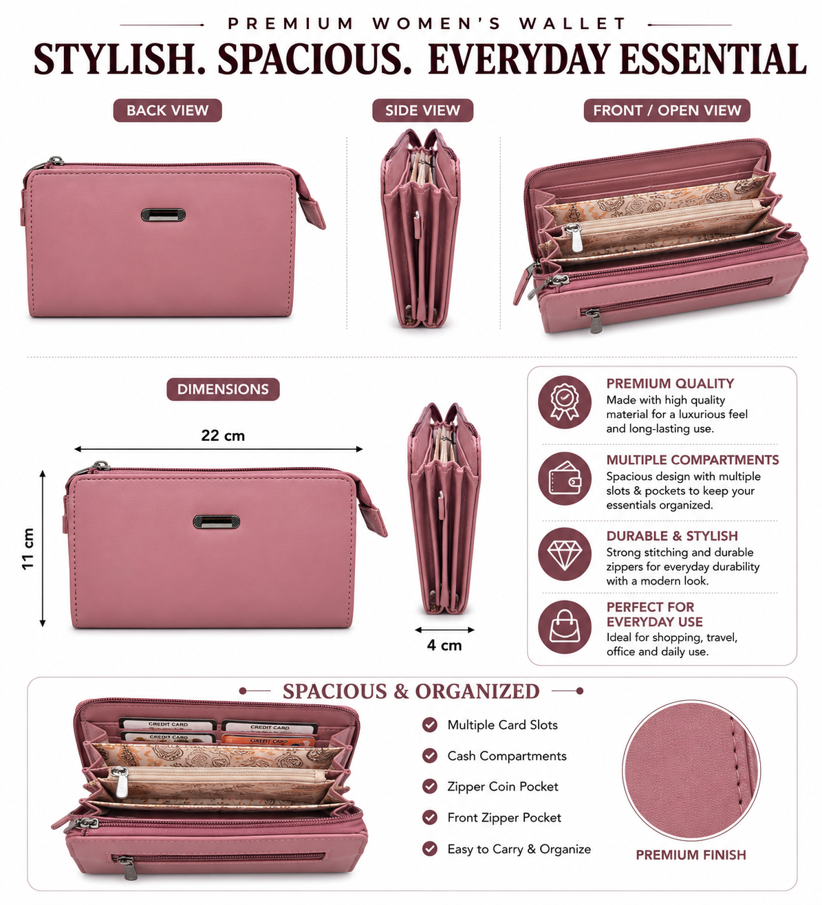 BATUTA Women’s Zip Around Clutch Wallet | PU Leather Ladies Wallet | Multi Compartment Purse with Card Slots, Cash Sections, Coin Pocket & Wrist Strap