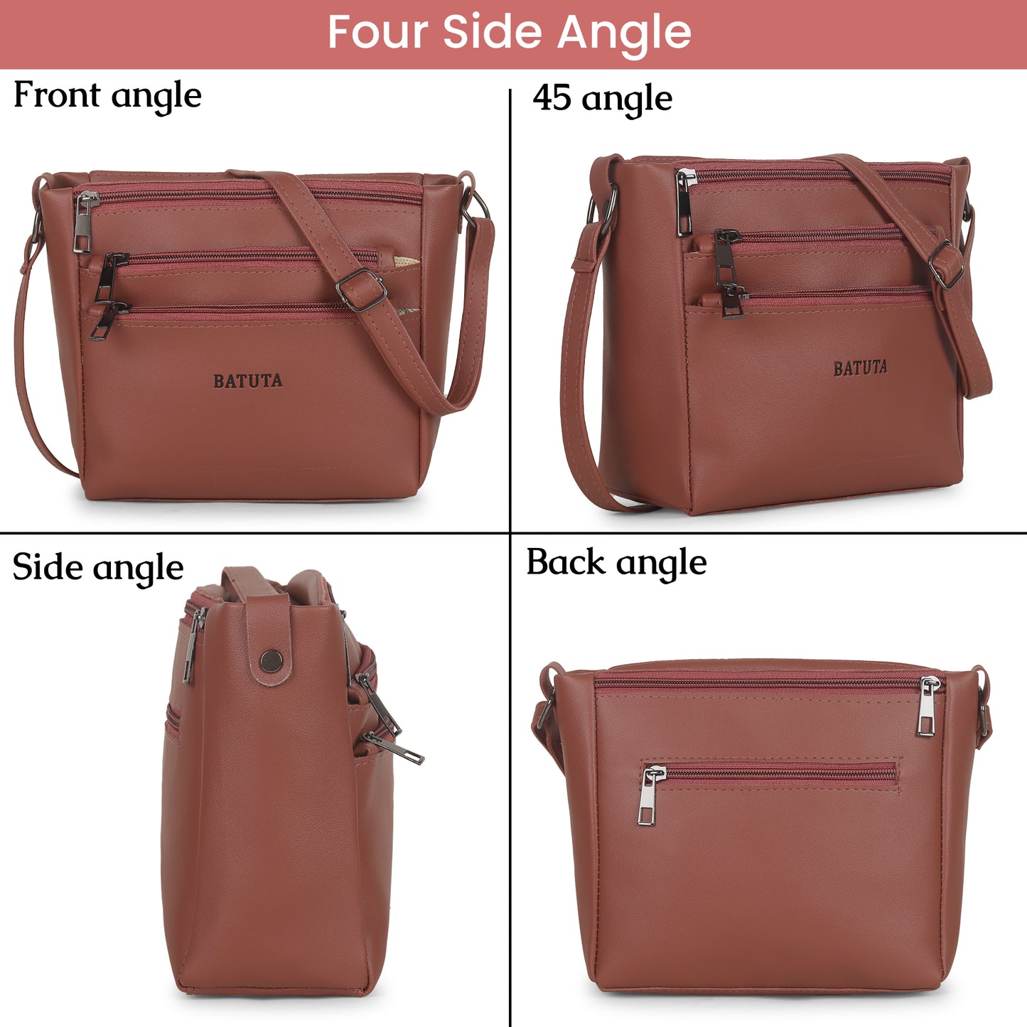 BATUTA - Women's Multi-Zipper Sling Bag, PU Leather Crossbody Purse