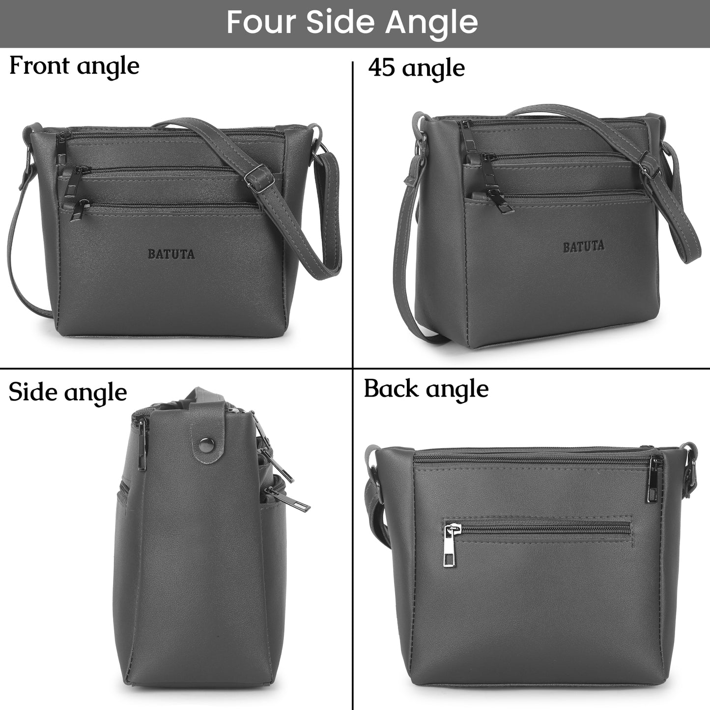 BATUTA - Women's Multi-Zipper Sling Bag, PU Leather Crossbody Purse