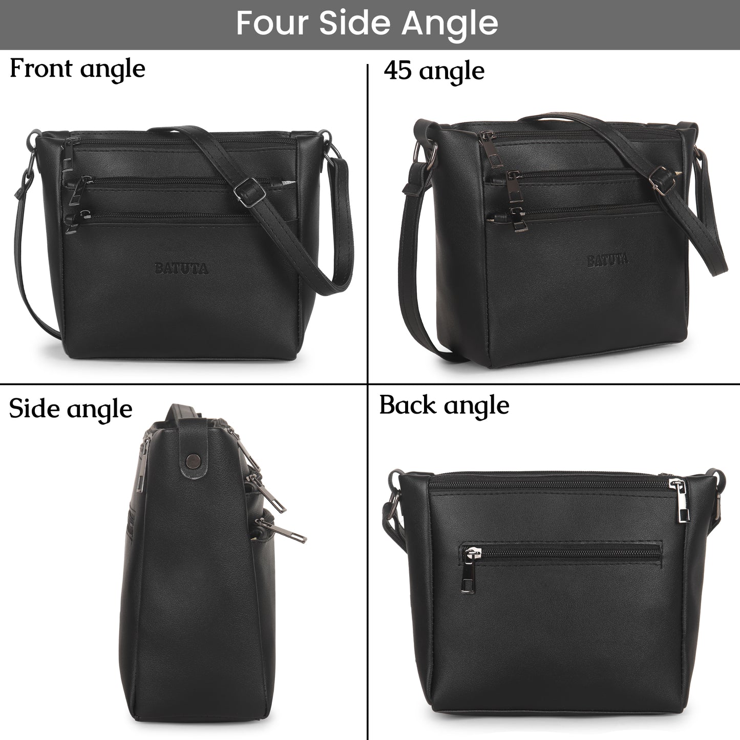 BATUTA - Women's Multi-Zipper Sling Bag, PU Leather Crossbody Purse