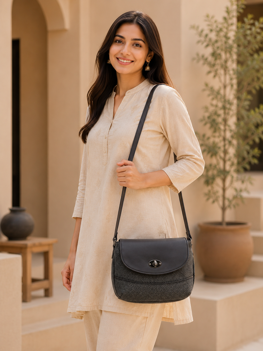 Women’s Stylish Textured Sling Bag | Crossbody Shoulder Bag with Magnetic Flap Closure | Multi-Compartment Everyday Handbag