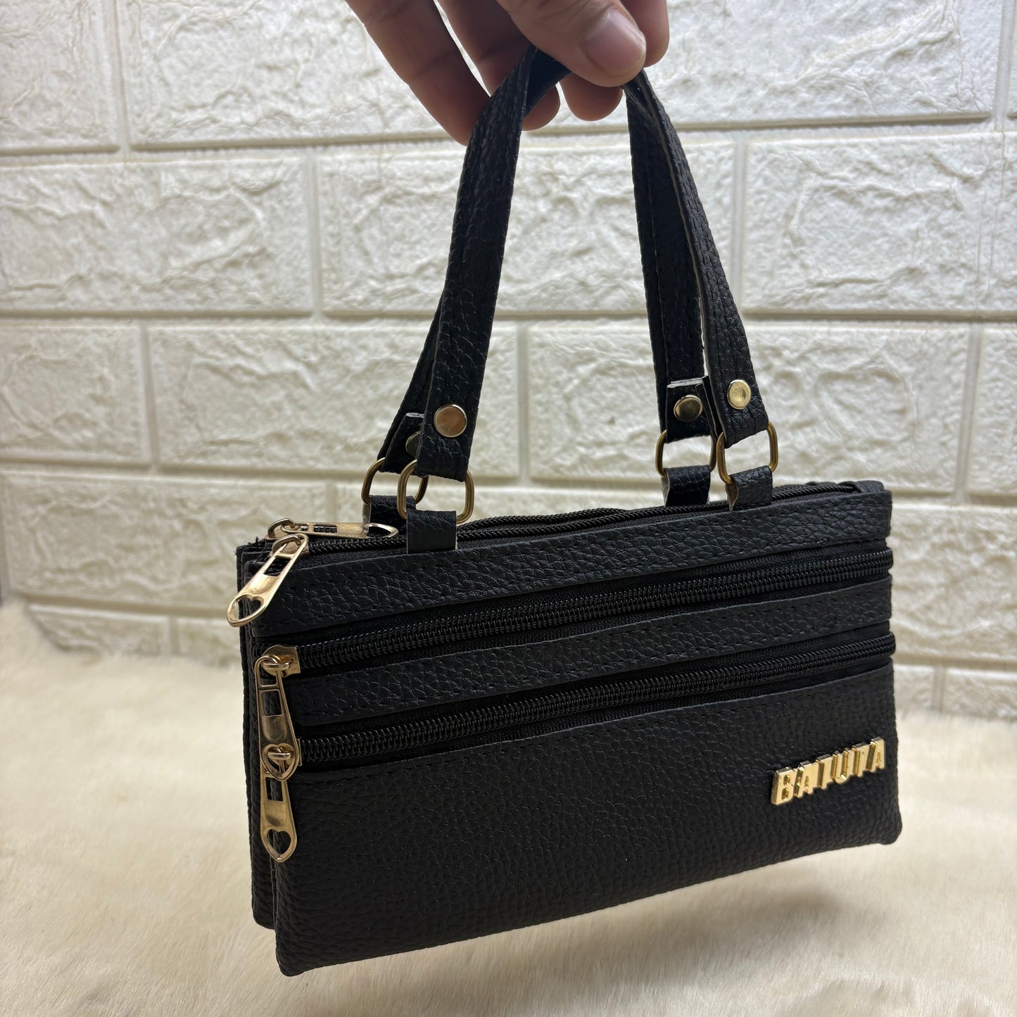 BATUTA HUB Women's Classic PU Leather Handbag, Multiple Zippered Compartments, Double Handle Bag, (Black)