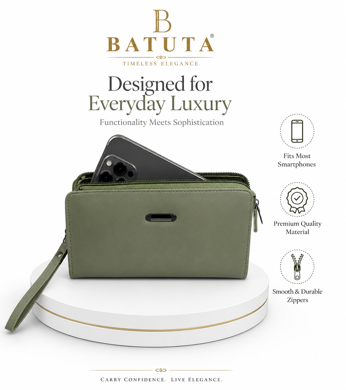 BATUTA Women’s Zip Around Clutch Wallet | PU Leather Ladies Wallet | Multi Compartment Purse with Card Slots, Cash Sections, Coin Pocket & Wrist Strap